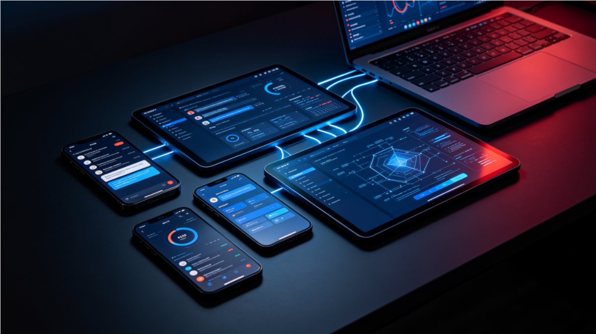 Connected dashboards across phone, tablet, and laptop showing AI automation systems