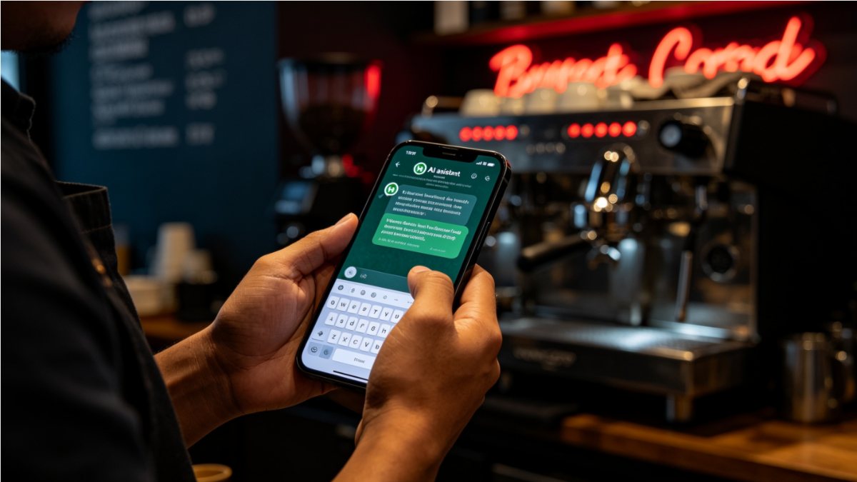 A barista using an AI assistant on WhatsApp behind the counter