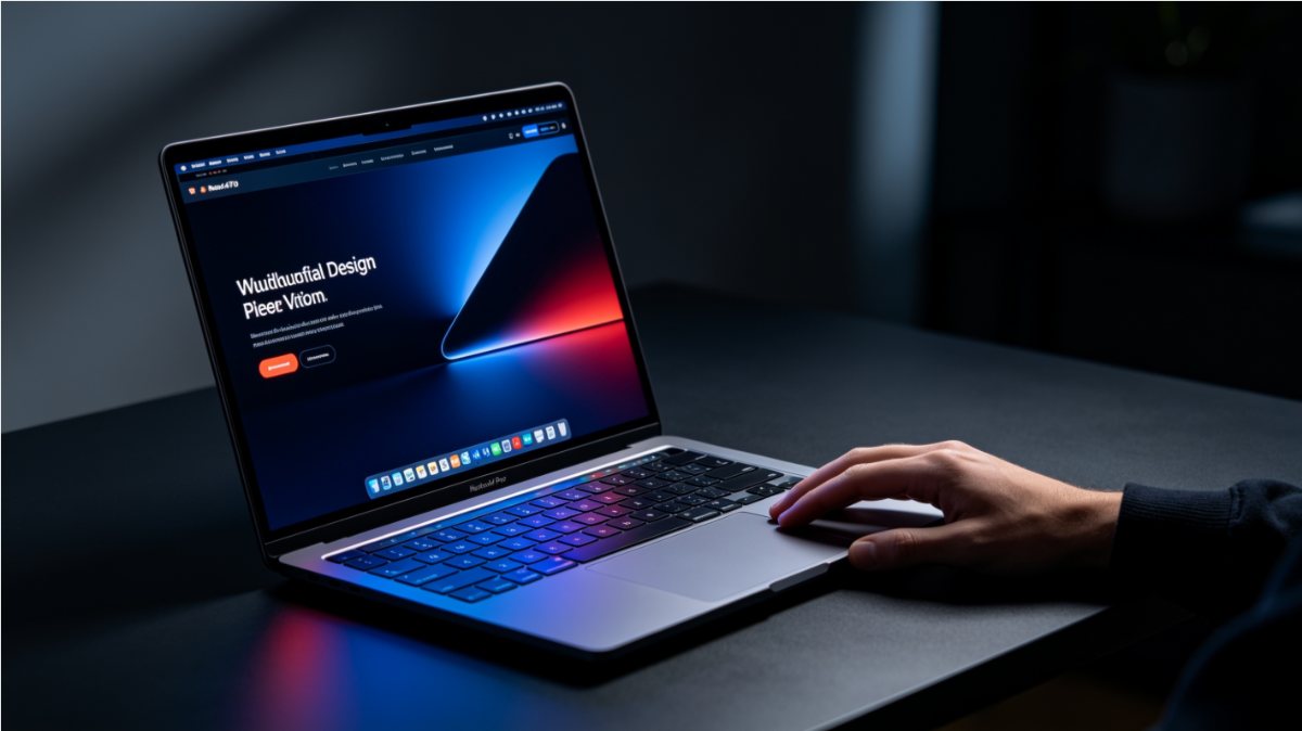 A designer using a laptop showing an AI-built website with a bold dark hero